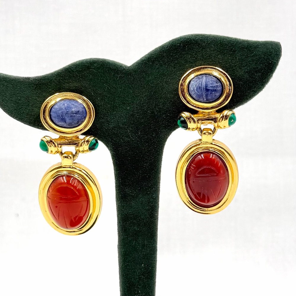 Vintage Clip On Scarab Earrings Gold Tone Carnelian Gemstone Unsigned Givenchy